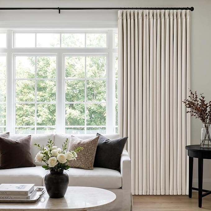 60 Inch Extra Wide 100% Blackout Curtains 108 Inches Long 1 Panel for Bedroom, Natural Memory Trained Pleated Thick Linen Thermal Noise Reducing Neutral Windows Curtain Light Blocking Drapes 60x108