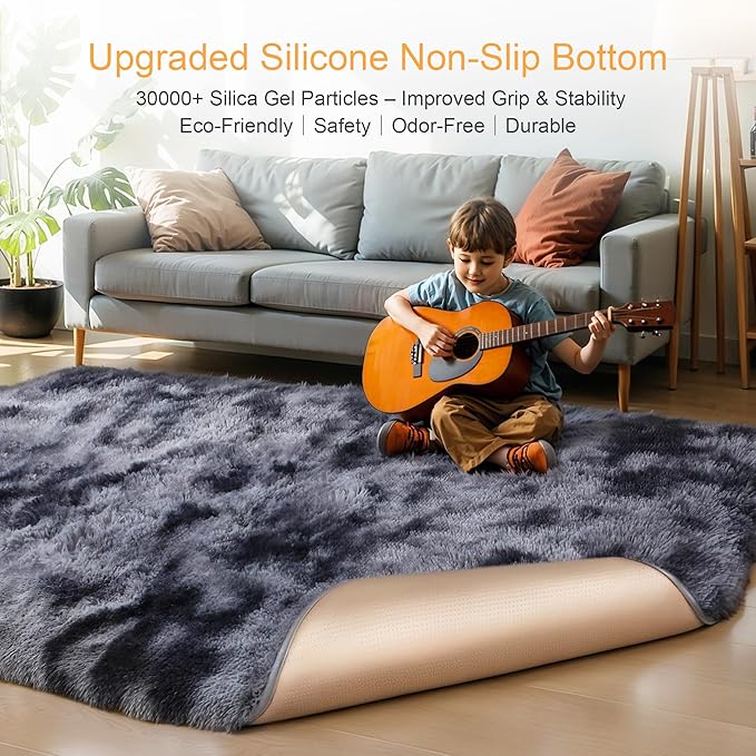 KICHOWUA Thick Area Rug Dark Grey Fluffy Shag 6x9 for Bedroom Living Room Ultra Soft Plush Fuzzy Washable Thickened Non-Slip Carpet, Comfy Shaggy Furry Rug for Kids Baby Nursery Dorm, Tie-Dye Gray