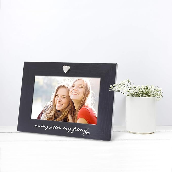 MIMOSA MOMENTS "My Sister My Friend Black 4x6 Picture Frame with Silver Heart Ornament, Tabletop Display, Birthday Gift for Sister from Sister Brother, Friendship Keepsake