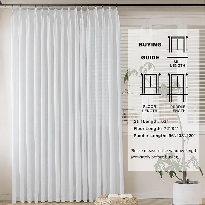 MAIHER White Pinch Pleat Curtains 100 Inches Extra Wide 1 Panel Semi Sheer Pinch Pleat Curtains 108 Inches Long with Hooks for Living Room Sliding Doors Light Filtering