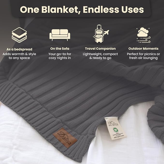 100% Organic Cotton Knit Blanket Denise, Soft and Lightweight, Breathable All-Season Throw for Bed, Sofa, or Lounge Area -GOTS Certified-Perfect for Home and Bedroom Styling (Charcoal, 60x80)