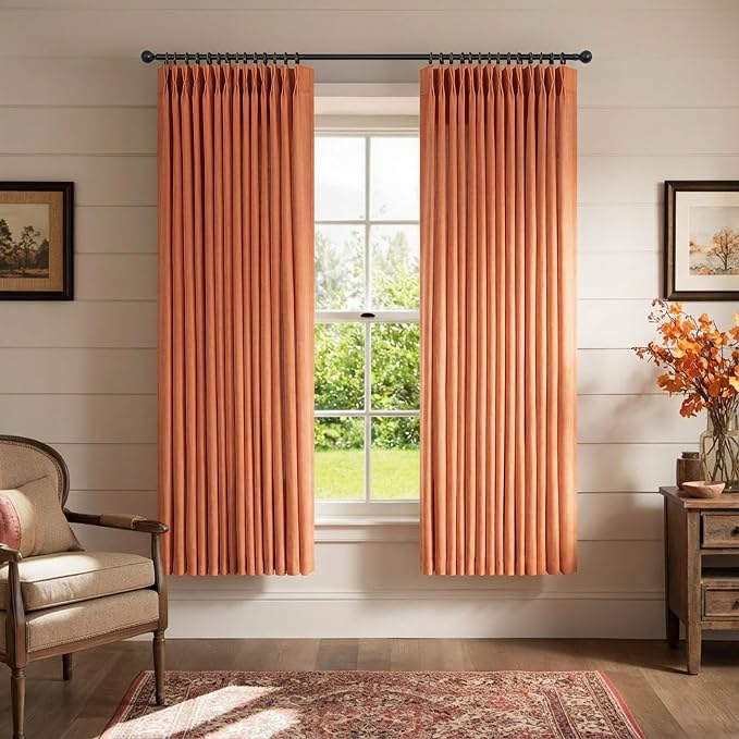 DANCURTON Burnt Orange Linen Curtains 63 Inch Length 2 Panel for Living Room Dining Bedroom Pinch Pleat Back Tab Light Filtering Semi Sheer Pleated Drape Textured Rust Orange Window Curtain 40X63 Long