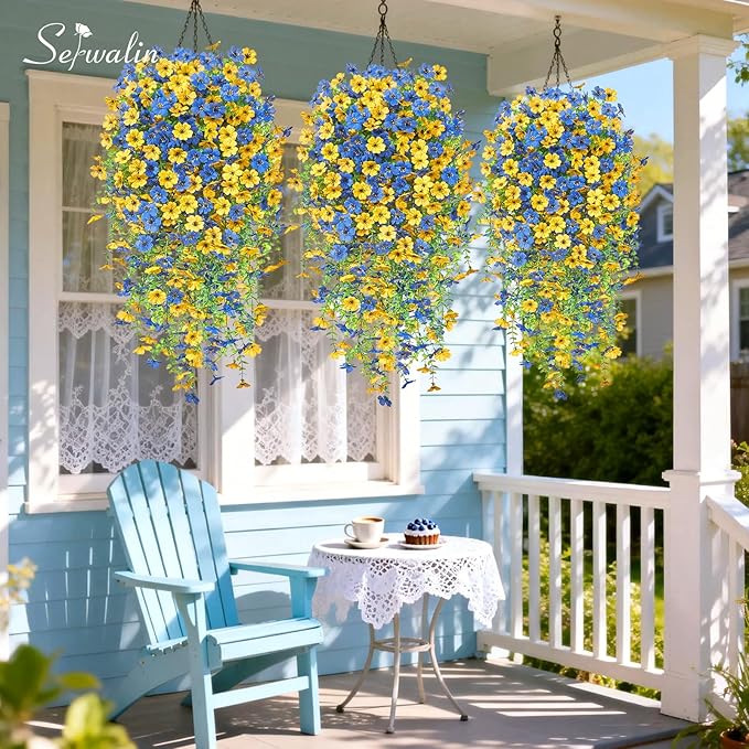 Serwalin 12PCS Artificial Hanging Flowers for Outdoors, UV Resistant Fake Hanging Plants, Realistic Weatherproof Outdoor Decor for Patio, Porch, Garden & Window (Yellow& Blue,12PCS)
