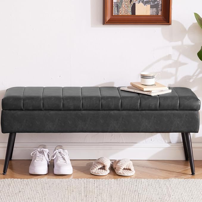 Storage Ottoman Bench, 43.5" Faux Leather Upholstered Entryway Bench, Long Ottoman with Storage for Living Room, Support 660lbs - Black