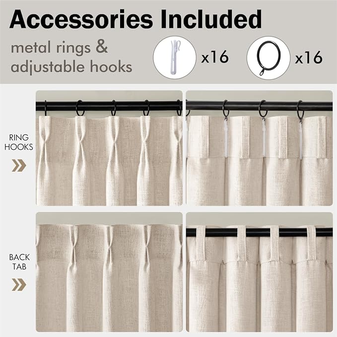 MIULEE Pinch Pleated Thick Linen Curtains 108 Inches Length 2 Panels for Living Room Bedroom, Extra Long Pinch Pleat Drapes Back Tab Light Filtering Cream Ivory Foor to Ceiling Curtains with Hooks