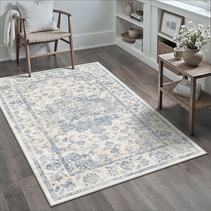 4x5 Washable Neutral Area Rug Blue Vintage Entryway Office Carpet Non-Slip Soft Low Pile Farmhouse Indoor Throw Rug for Living Room Bathroom Dining Room