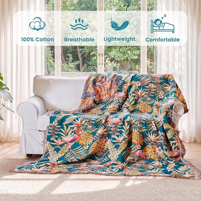 MSGKV Boho Throw Blanket for Couch 50"x60" 100% Cotton Jungle Animal Blanket Summer Breathable Lightweight Blankets for Sofa Home Decor Muslin All Seasons