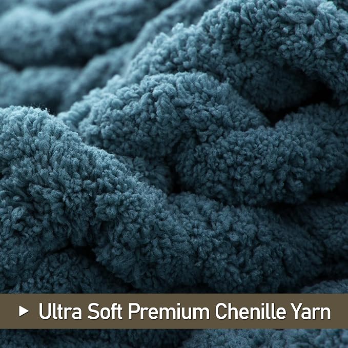 Chunky Knit Throw Blanket 50x60, 100% Handmade Chenille Yarn | 4.4lbs Soft Thick Cable Knitted Blankets, Large Rope Knot Crochet Throws for Couch Sofa Bed Machine Washable, Lyons Blue