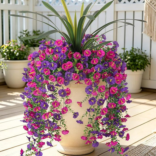 3 Bundles Fake Artificial Morning Glory Flowers for Outdoors, 1 Bundles Faux Greenery Plants UV Resistant Weatherproof for Indoor Outdoor Garden Patio Window Box Home Decor