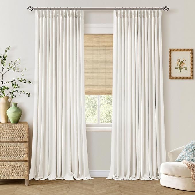 96 Inch Pinch Pleated Linen Curtains 2 Panels Set for Living Room Farmhouse Off White Flax Rustic Textured Drapes 96 Inches Long Pinch Pleat Drapes Ivory Semi Sheer Curtain for Dining Bedroom Office