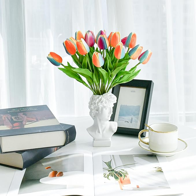 Mandy's Rainbow Orange Artificial Tulips Flowers Centerpiece, 13.5" Lifelike PU Fake Floral Stems 20pcs for Kitchen Island & Dining Table, Spring Decor for Easter