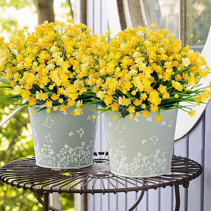 Ouddy Decor 24 Bundles Artificial Flowers for Outdoors UV Resistant Fake Plastic Plants Faux Greenery Stems for Spring Summer Indoor Garden Patio Window Box Kitchen Home Decor, Yellow