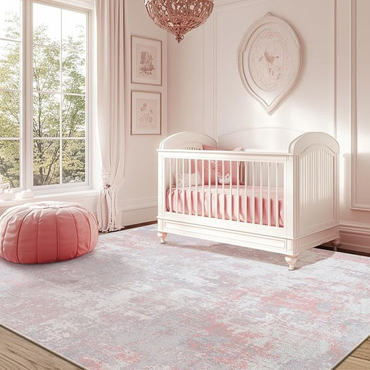 RELEANY Washable Area Rugs 6'x9' Non-Slip Modern Abstract Soft for Living Room Entryway Bedroom Nursery, Print Pattern, Grey Pink