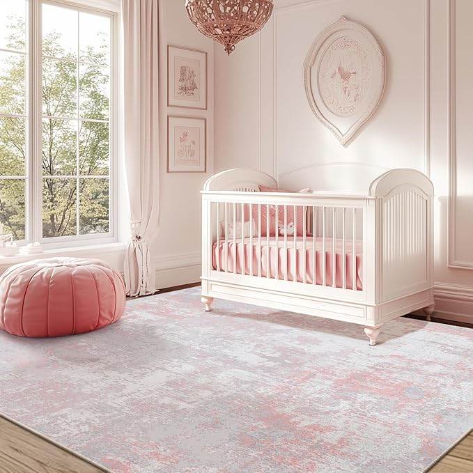 RELEANY Washable Area Rugs 8'x10' Non-Slip Modern Abstract Soft for Living Room Entryway Bedroom Nursery, Print Pattern, Grey Pink
