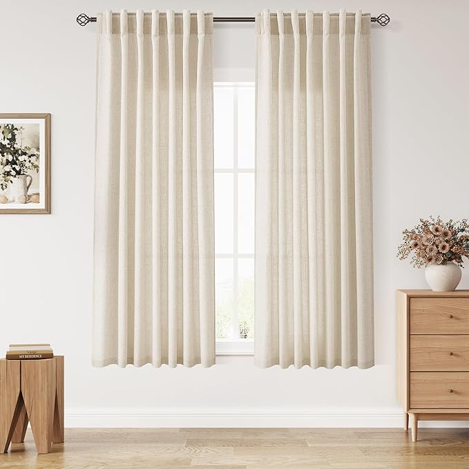 Nanspring Living Room Curtains 63 Inch Length Linen Cream Beige Luxury Light Filtering Semi Sheer Curtain Back Tab Modern Farmhouse Decor Elegant Coastal Drapes for Bedroom Office 52x63, 2 Panels