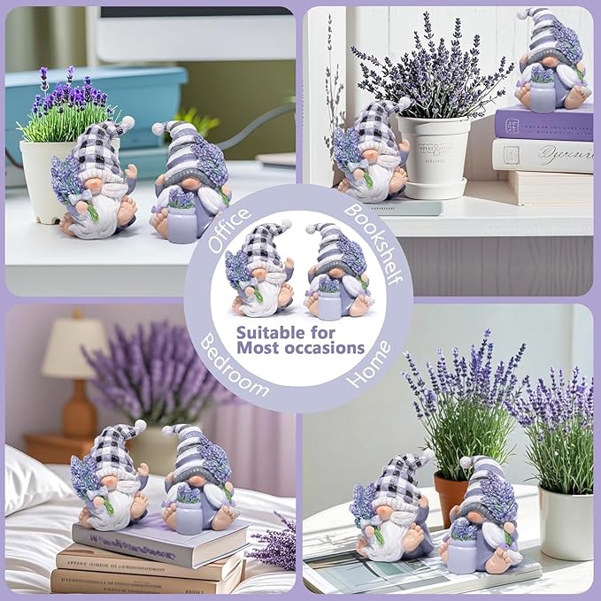Hodao Set of 2 Lavender Gnome Figurines - Indoor Resin Decor for Home Shelf, Tiered Tray | Spring & All-Season Decoration