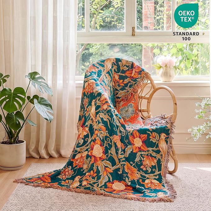 MSGKV Boho Throw Blanket for Bed Twin Size 100% Cotton Floral Bird Blanket 60"x80" Sofa Couch Blankets Muslin Summer Breathable Lightweight Farmhouse Blankets Boho Home Decor All Seasons