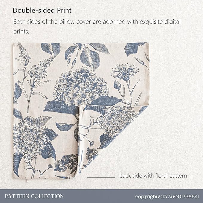 Foindtower Set of 2 Linen Floral Vintage Throw Pillow Covers Neutral Accent Print Decorative Cushion Covers Farmhouse Boho Home Decor for Sofa Chair Couch Bedroom Living Room,18×18 Inch,Blue