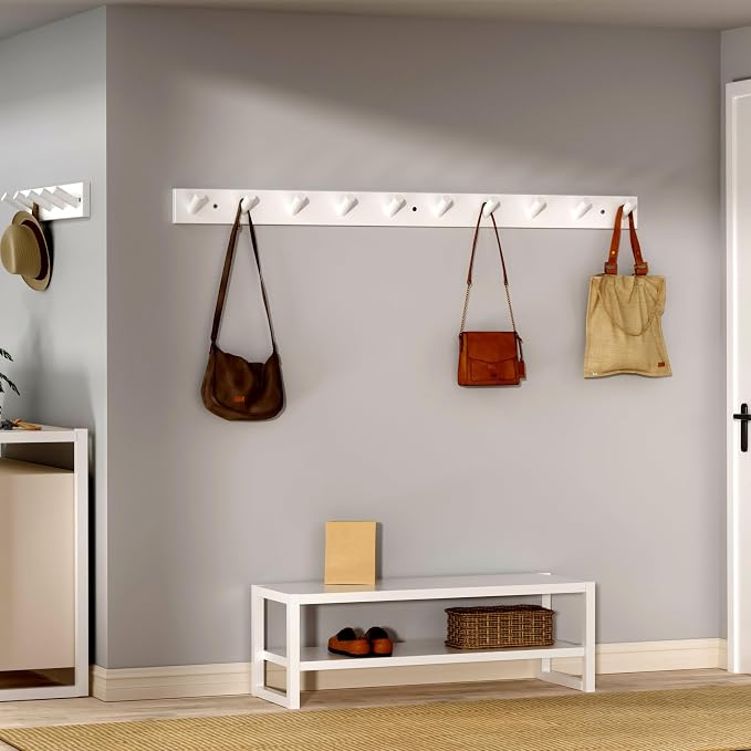 SKOLOO Wood Coat Rack Wall Mounted,10 Peg Long Bamboo Hook for Hanging Backpack Coat Towel Hat,16'' Hole to Hole,White