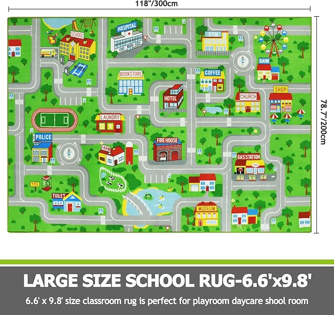 Capslpad Green Car Road Kid Rug Carpet Playmat for Playoom Traffic Road Kids Play Mat for Toddler Non Slip Washable City Map Race Track Carpet Rug for Kids Room Playroom Classroom Decor,6.6'x9.8'