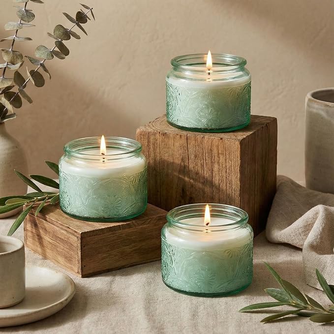 4 oz Green Mandala Glass Candle Jars with Bamboo Lids, 18 Pack | Patented Embossed Design, Includes Wick Centering Devices & Warning Labels, Multiple Color Options