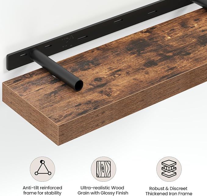 Vivelove 24 Inch Floating Shelves Wall Mounted for Display, 6.5 Deep Duty Shelves with Invisible Brackets for Living Room,Bedroom,Kitchen, Bathroom Storage & Decor,24" Wx6.5 Dx1.4 H - Rustic Brown