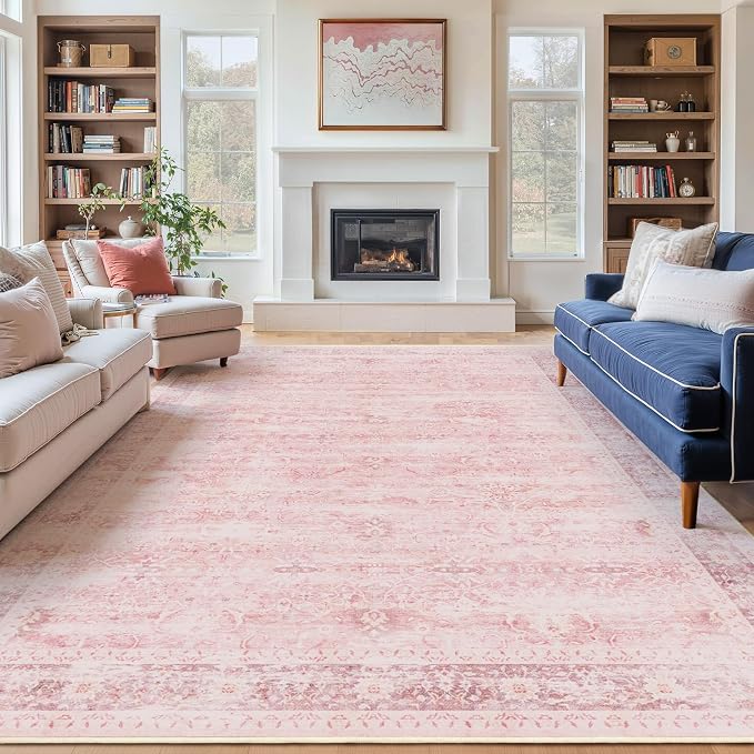 Large Pink Living Room Rug 9x12, Aesthetic Distressed Area Rugs for Bedroom Girls Playroom, Washable Non Slip Nursery Rug Stain Resistant, Low Pile Thin Carpet Rug for Dining Room Home Office