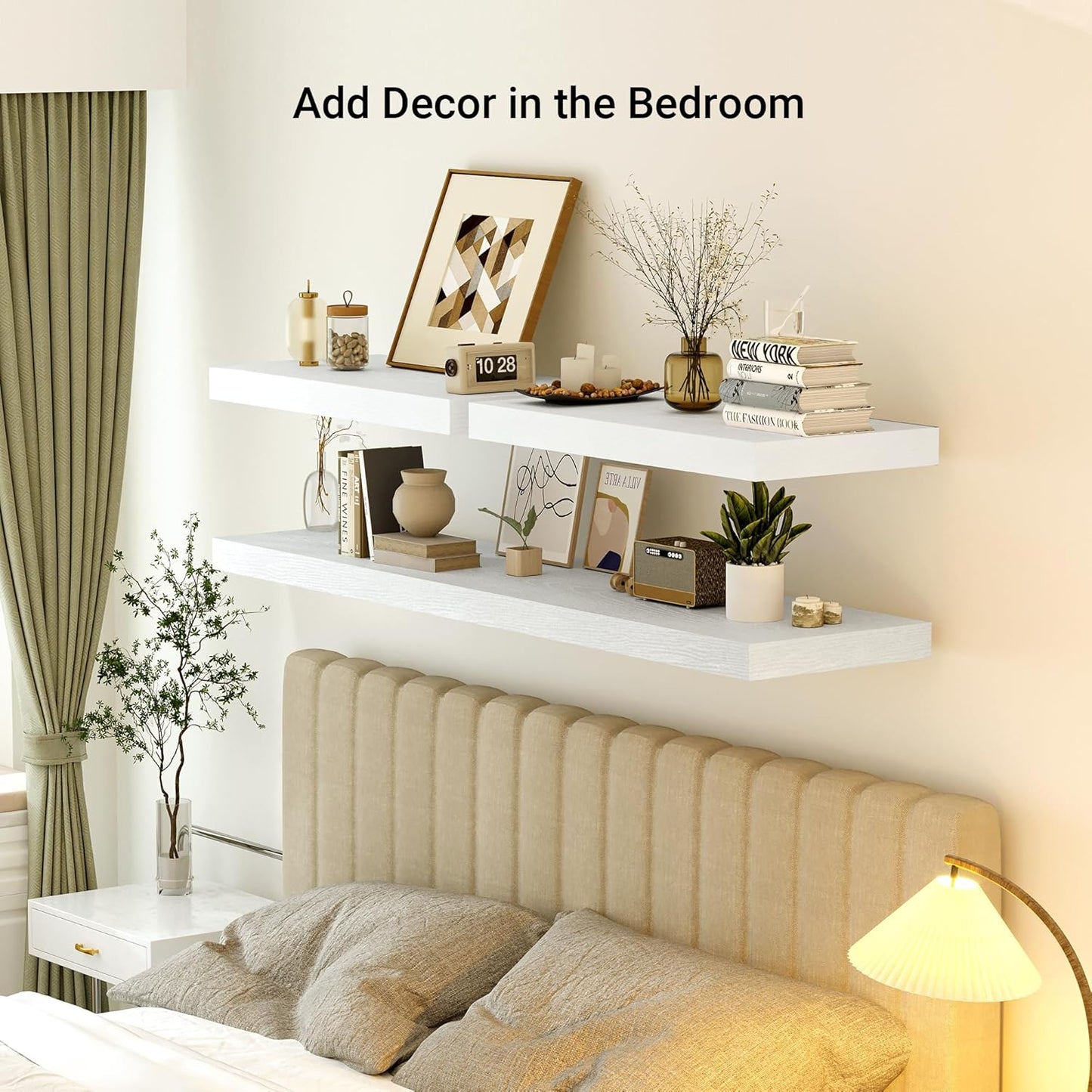 Heimlove 24 x 12 Inch Deep Floating Shelves Wall Mounted with Invisible Brackets,Storage Hanging Shelf for Wall Decor in Bathroom, Bedroom, Toilet, Kitchen, Living Room, Office Set of 1 (White)