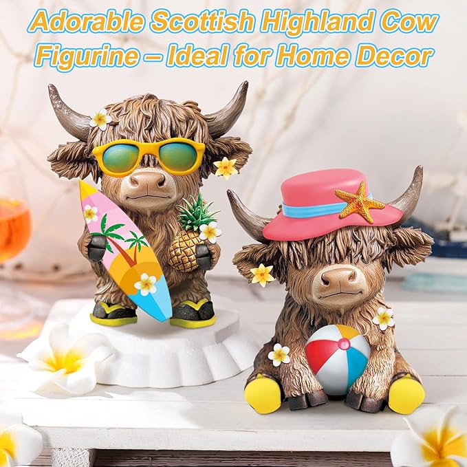 Karenhi 2 Pcs Summer Highland Cow Decorations for Home, Beach Seaside Gnomes Figurines Resin Scottish Statue Gifts for Kitchen Office Tiered Tray Table Mantel Decor