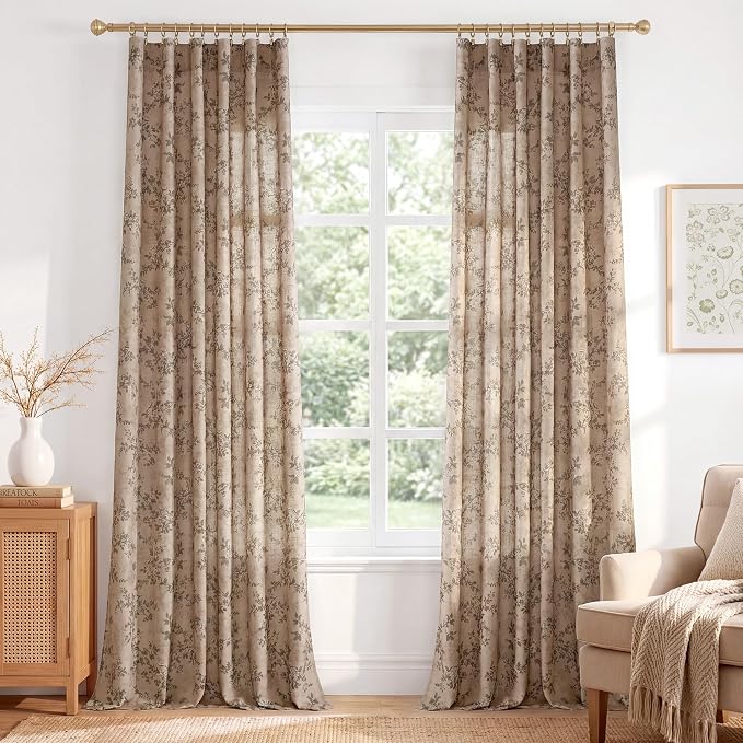 StangH Farmhouse Floral Curtains 84 Inches Long, Vintage Linen Curtains Natural Fabric Light Filtering Privacy Drapes with Butterfly Print for Bedroom Living Room, Taupe, W52 x L84, 2 Panels
