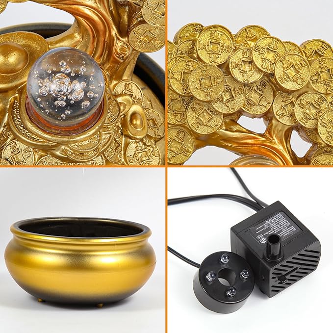 Gold Money Tree Feng Shui Desktop Water Fountain Waterfall Decoration with LED Light Portable Tabletop Decorative Zen Meditation Waterfall for Office Living Room Craft