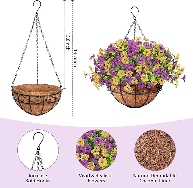 Artificial Fake Hanging Flowers Plants Basket Outdoors, Faux Silk UV Resistant Look Real Daisy Eucalyptus for Spring Summer Garden Porch Home Patio Balcony Yard Decorations, Yellow Purple