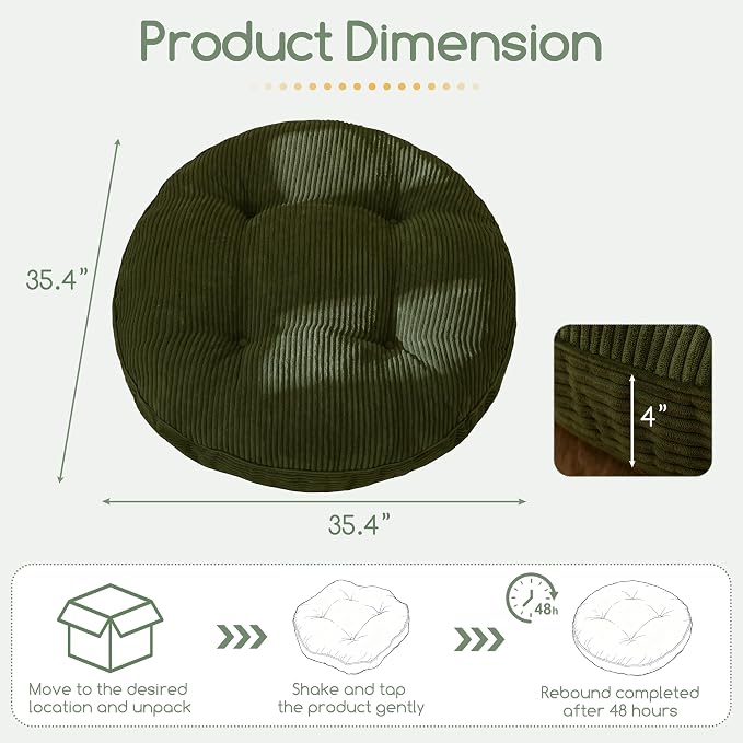 HIGOGOGO 35" Floor Pillow Cushion for Adults, Meditation Cushion Pillow, Extra Large Square Floor Sitting, Tufted Corduroy Cover for Tatami Living Room or Yoga, Dark Green
