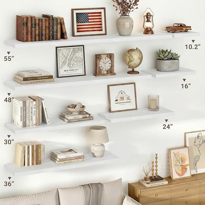 Vivelove 10 in Deep Floating Shelves for Wall, 55" x 10.2" x 1.5" Shelves for Room Wall Mounted, 1.5 Inch Thick Shelf for Bathroom Bedroom Kitchen Book Room, Modern Farmhouse Decor, Set of 2, White
