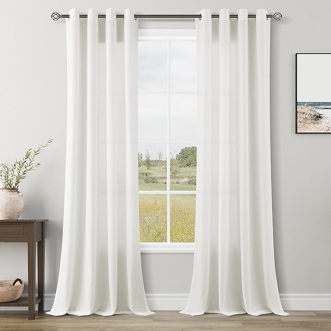 Ivory Linen Curtains 84 Inches Long for Living Room 2 Panel Set Grommet Elegant Semi Sheer Light Filtering Drapes Neutral Boho Off White Linen Blend Privacy Window Curtain for Bedroom Office 52X84