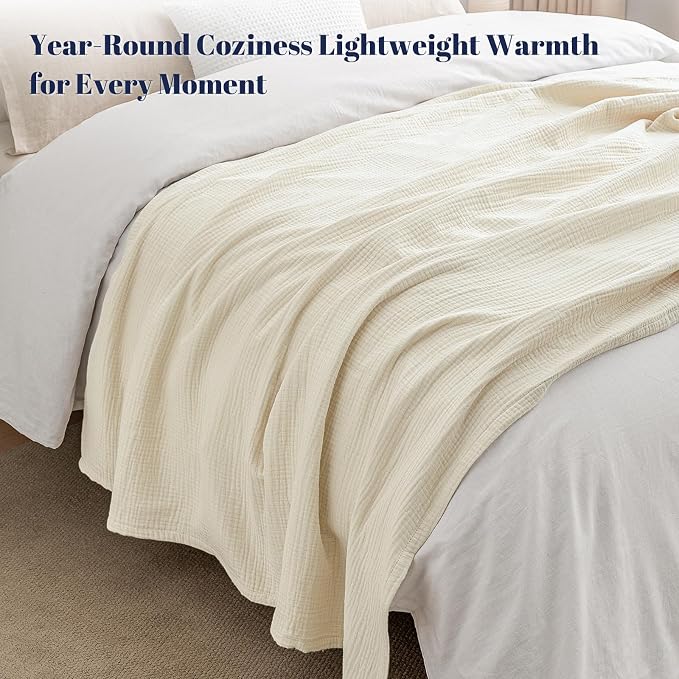 PHF 100% Cotton Muslin Blanket Queen Size 90"x90", 4-Layer Lightweight Gauze Throw, Breathable Cloud-Soft Minimalist Blanket for Bed, Couch, Camping, Birch, Ideal Gift