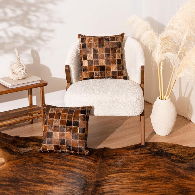 ecowhides 100% Genuine Brazilian Cowhide Patchwork Pillow – Brindle Handcrafted Design – Double-Sided – Luxury Leather Decorative Cushion for Rustic & Western Home Décor – 20” x 20”