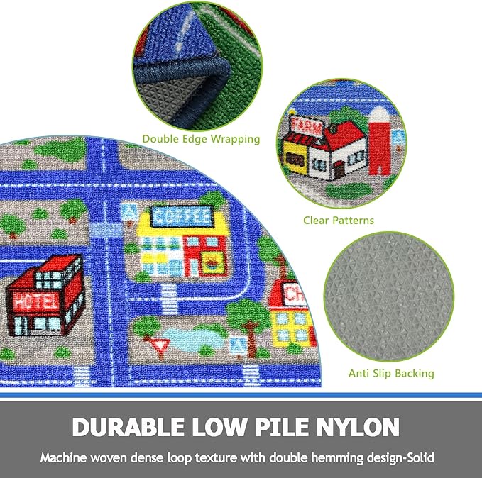 Capslpad Blue Car Road Kid Rug Carpet Playmat for Playoom Traffic Road Kids Play Mat for Toddler Non Slip Washable City Map Race Track Carpet Rug for Kids Room Bedroom Nursery Room Decor,6.6'x6.6'