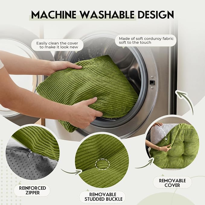 11" Thick Washable Floor Pillow for Adults, Yoga & Meditation Cushion with Handle, Square Large Pillows Seating with Removable Tufted Corduroy Cover for Tatami Living Room Board Games, Green