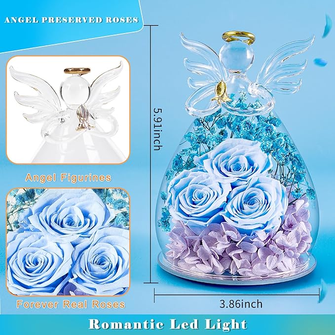Beferr Mothers Day Mom Birthday Gifts for Women, Fresh Flowers for Delivery Forever Preserved Rose in Glass Angel Figurine, Anniversary Christian Real Rose for Grandma Nana Wife Mum from Daughter Son