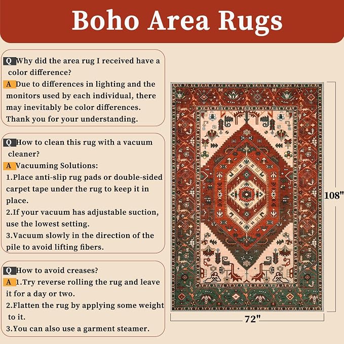SERISSA 6x9 Area Rugs for Living Room, Large Washable Non-Slip Boho Rug, Ultra Soft Vintage Terracotta Green Oriental Tribal Print Distressed Carpet for Dining Room Bedroom Dorm Office Home Decor