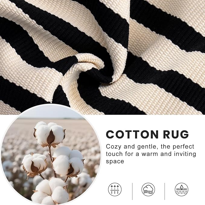 OLANLY Beige and Black Striped Rug 3' x 5' – Washable Cotton Doormat for Indoor Outdoor Use, Layered Front Porch Rug for Entryway, Kitchen, Patio