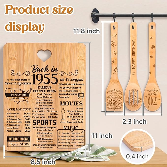 70th Birthday Gifts for Women - "Back in 1955" 70th Birthday Gifts for Men Cutting Board, Bamboo-Made Engraved "Year 1955 News" 70th Birthday Gifts