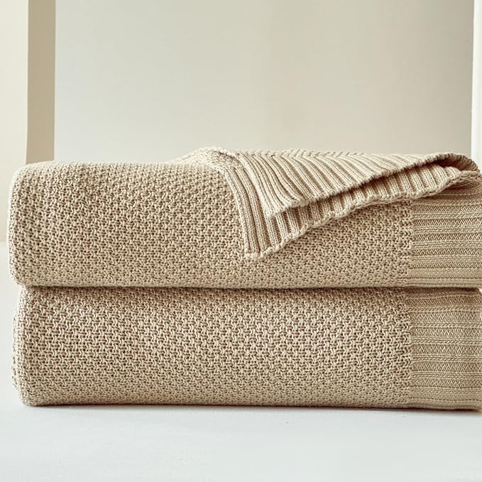 Simple&Opulence 100% Cotton Blanket King Size, Solid Color Cable Knitted Blanket Super Soft Comfortable Breathable Decorative Farmhouse for Couch Sofa Bed, All Season Use(Light Khaki,104x90)