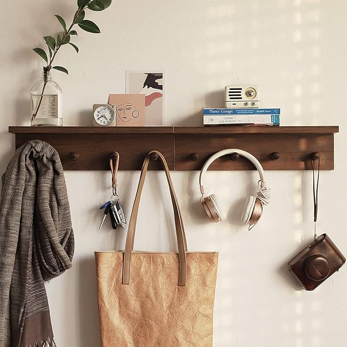 Entryway Coat Rack Hooks with Shelf, Sturdy Wooden Floating WallOrganizer Shelf with 4 Hooks siutable for Entrance, Mudroom, Kitchen, Bathroom,.etc(2pc-Walnut Finish)