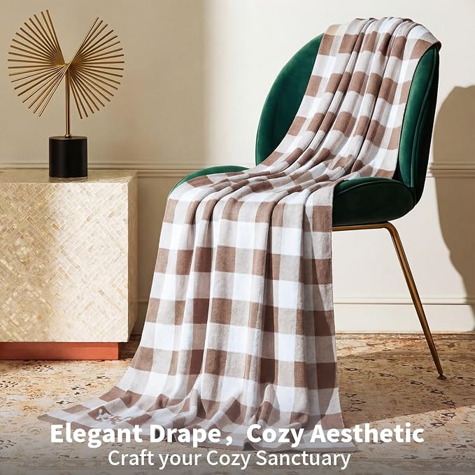 BOV Knit Checkered Throw Blanket - 100% Viscose Silky Super Soft Breathable Lightweight Decorative Throw Blanket for Year-Round Comfort, Perfect Self Care Gifts for Women & Men, Latte 50"x60"