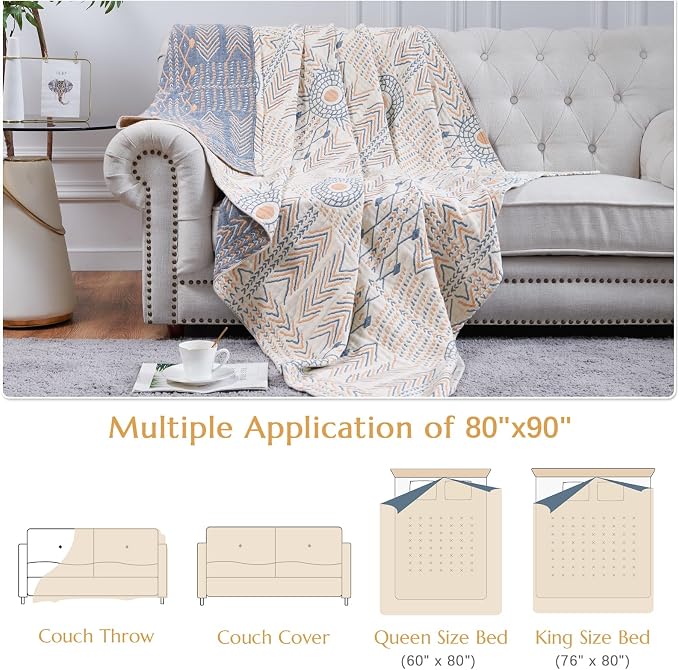 jinchan Boho 100% Cotton Muslin Queen Size 80x90 Throw Blanket Lightweight 4-Layer Orange Reversible Blanket Washable Breathable Geometric Striped Pattern Soft Comfy for Couch Bed Decor All Seasons