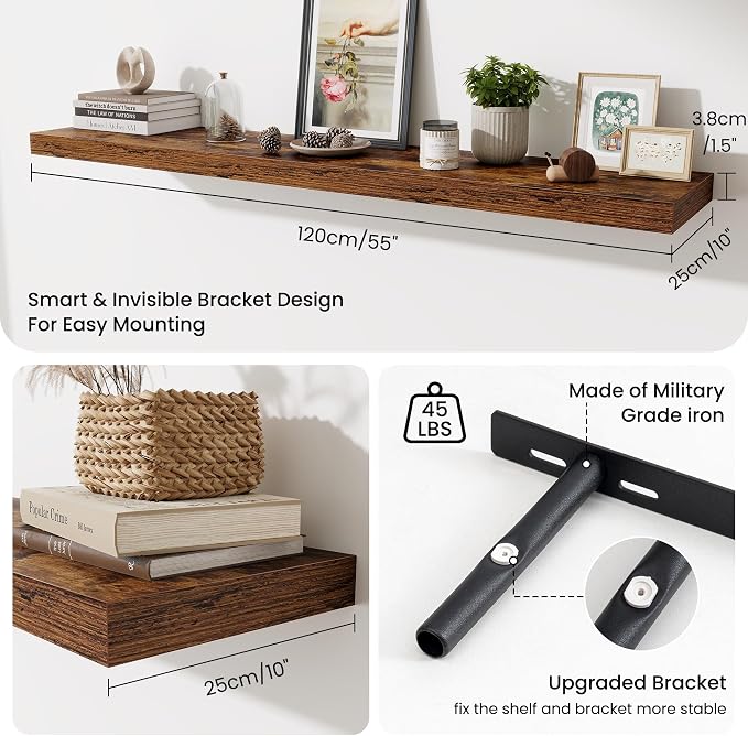Fun Memories 55 Inch Fireplace Mantel Shelf, 10 Inch Deep Shelves for Display & Wall Storage, Rustic Wood Wall Shelf, Extra Long Floating Shelves for Living Room Laundry Room, Rustic Brown, Set of 2