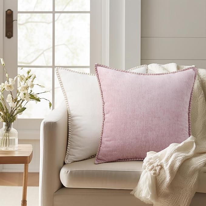 decorUhome Summer Chenille Soft Cozy Throw Pillow Covers 22x22 Set of 2, Modern Farmhouse Boho Velvet Decorative Euro Sham Pillow Cases with Stitched Edge for Couch Sofa Bed Home Decor, Blush Pink