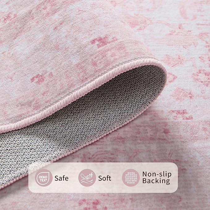 Rugxara Pink Rug for Living Room Bedroom, 5x7 Area Rugs Washable Vintage Floral Retro Boho Non Slip & Low Pile Nursery Carpet for Indoor Girls Kids Room, Classroom, Dorm, Playroom and Dining Room